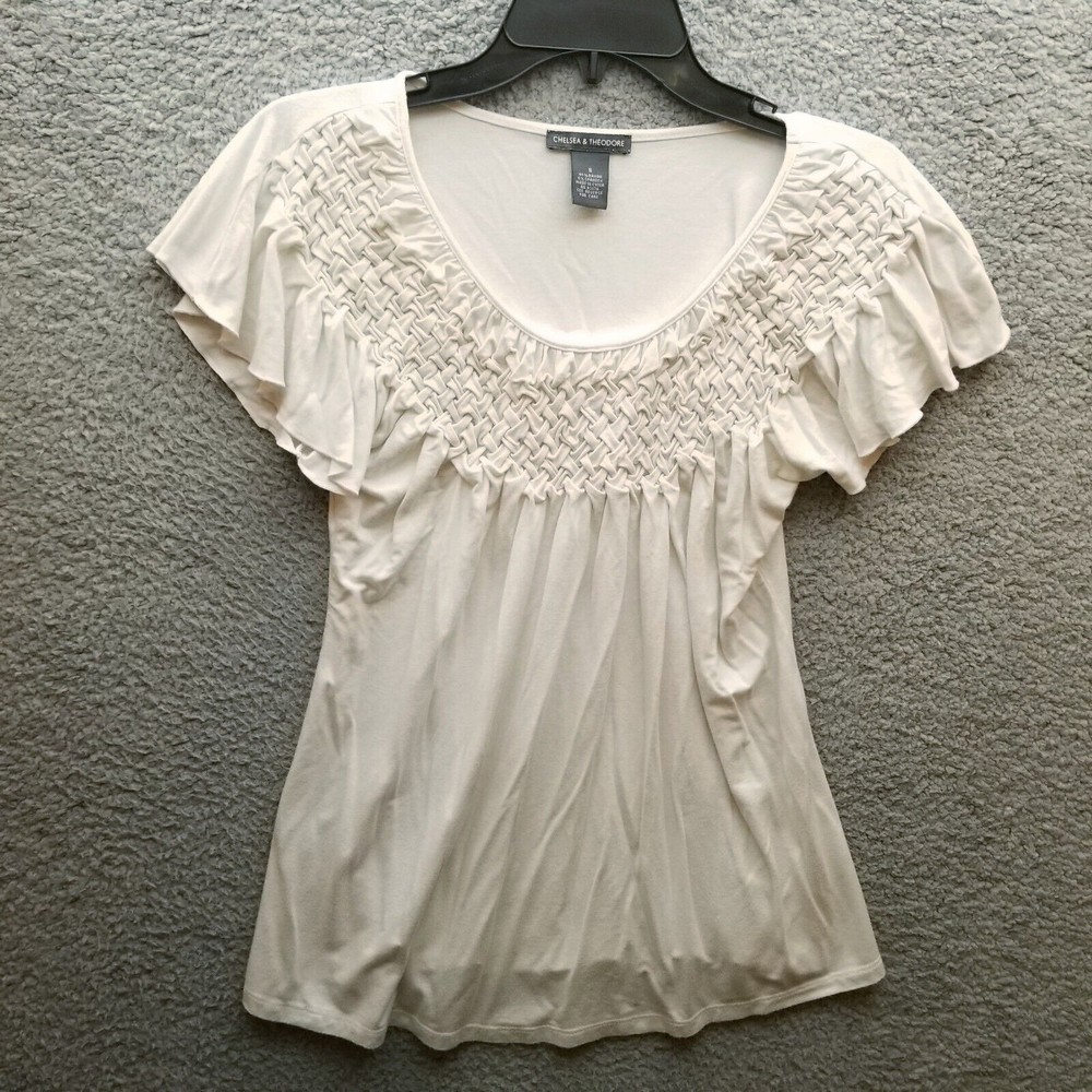 Chelsea & Theodore Women's S Faux Knit White Short Sleeve Blouse Top 42" 25" 4"